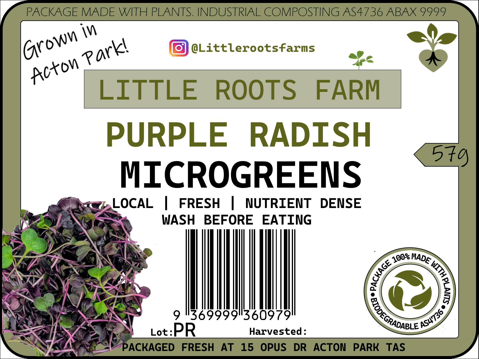 Little Roots Farm Radish microgreens product label from Hobart, Tasmania