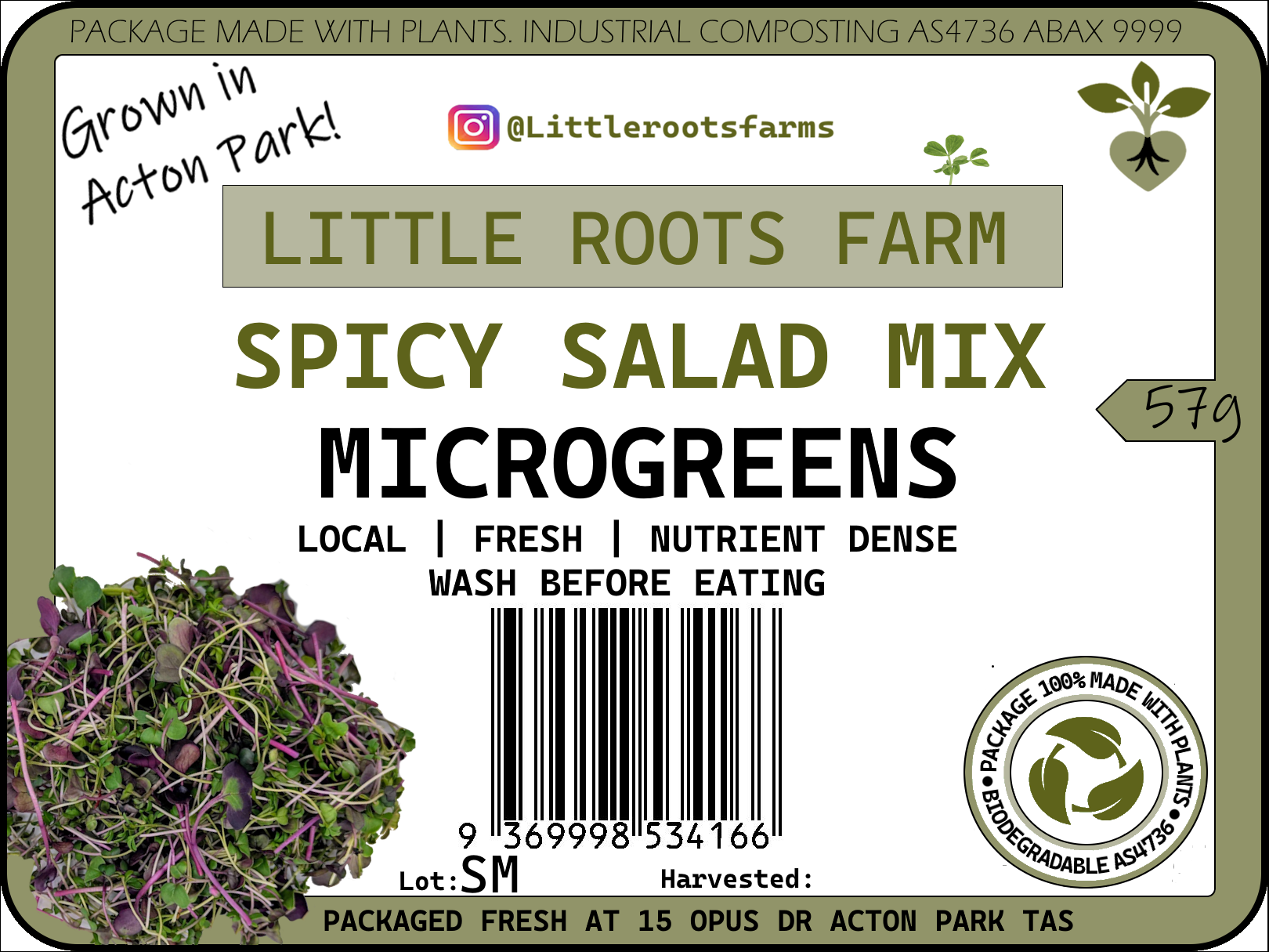 Little Roots Farm Spicy Salad Mix microgreens product label from Hobart, Tasmania