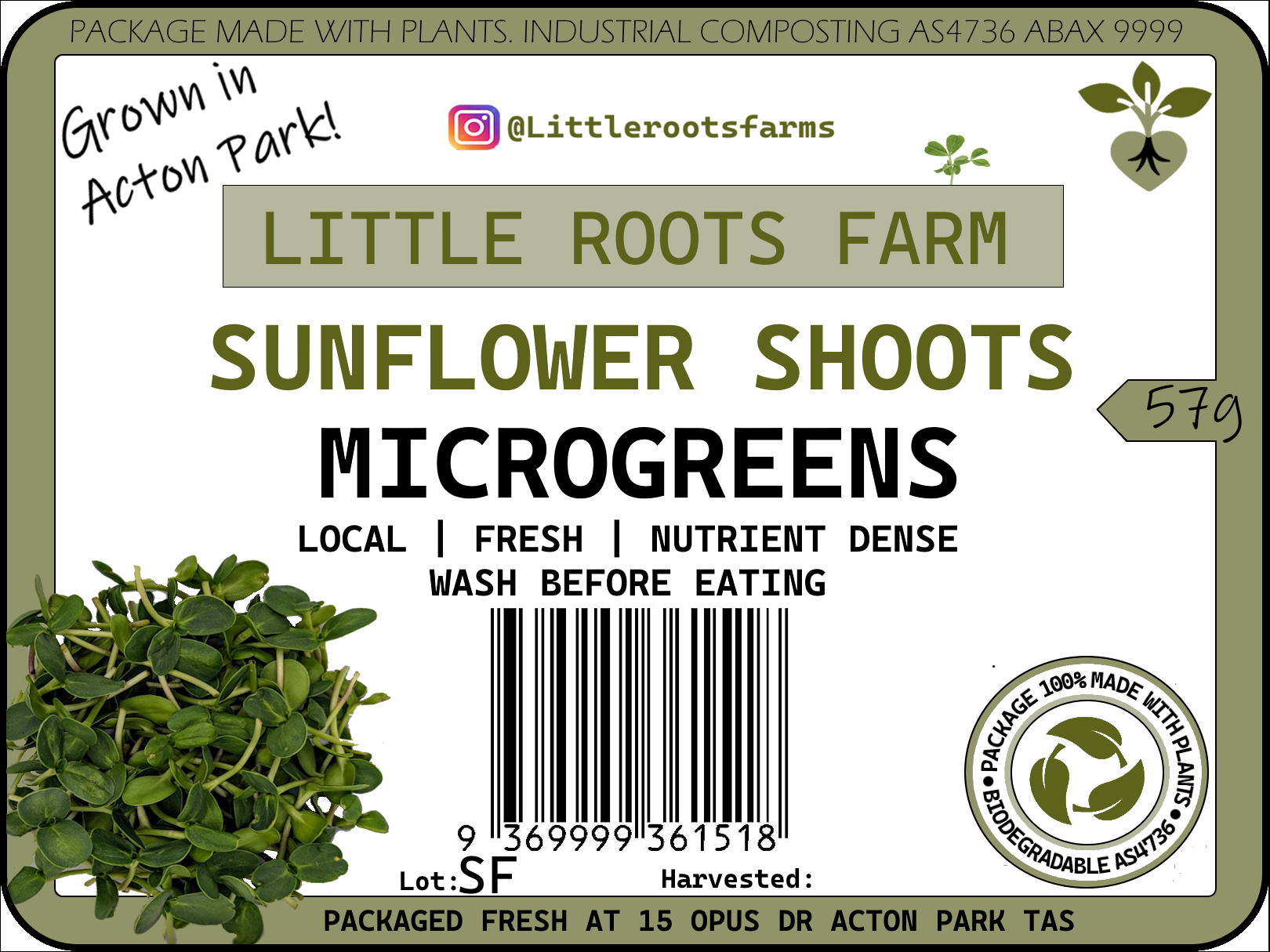 Little Roots Farm Sunflower microgreens product label from Hobart, Tasmania